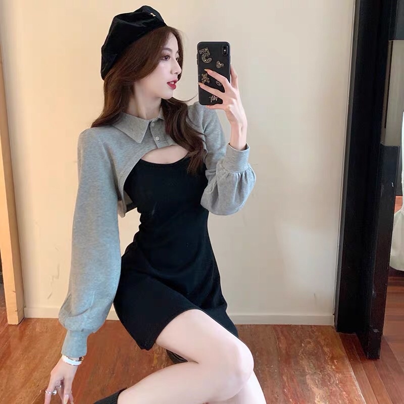 [Ảnh độc quyền] Sét váy áo cổ sơ mi cài cúc mix đầm 2 dây nữ dáng chữ A phong cách Hàn quốc | BigBuy360 - bigbuy360.vn