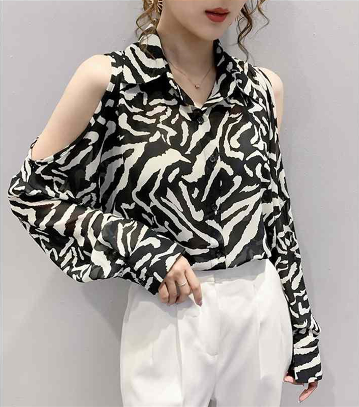 Áo Sơ Mi Sọc Ngựa Vằn Trễ Vai Dài Tay Quyến Rũ Cho Nữ