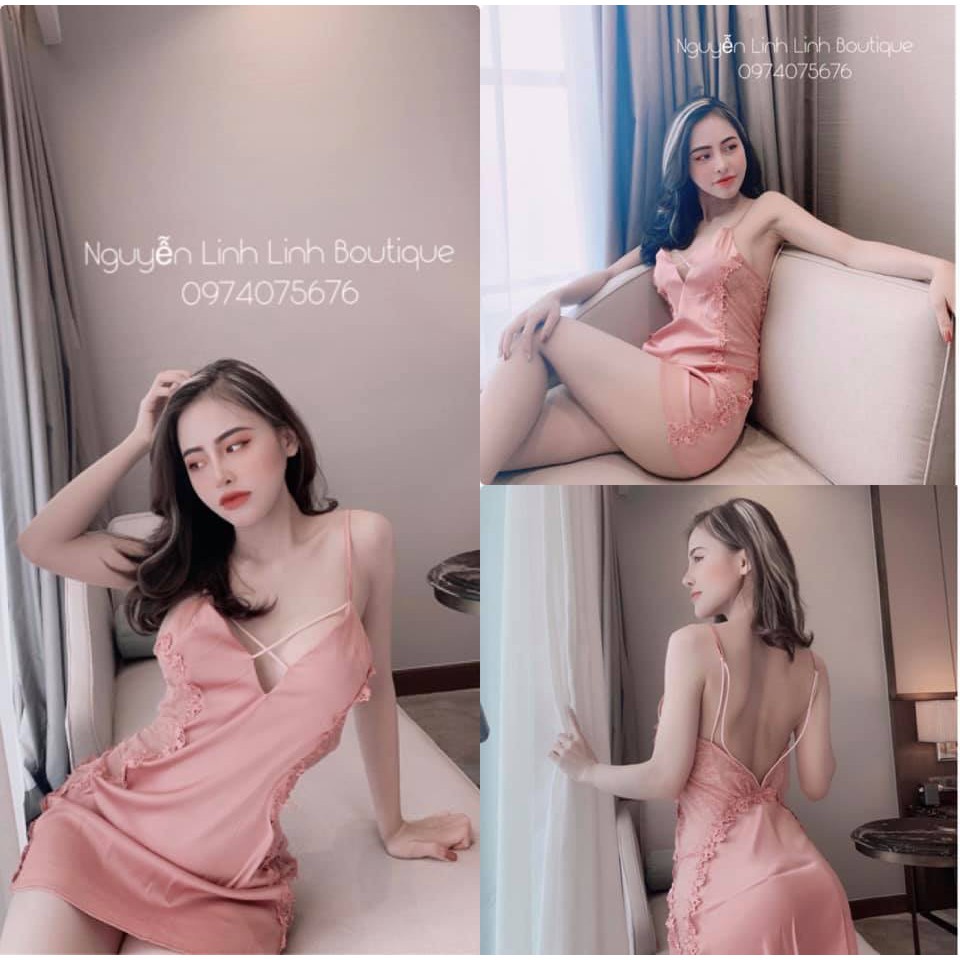 Váy ngủ hai dây lụa satin sexy cao cấp Đầm mặc nhà gợi cảm quyến rũ