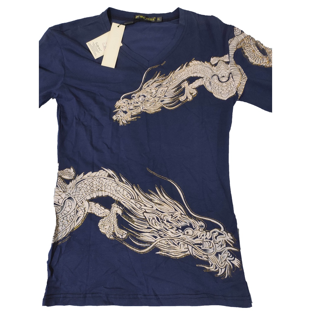 Áo thun nam in hình rồng bay 2 màu đen và xanh đậm size XL