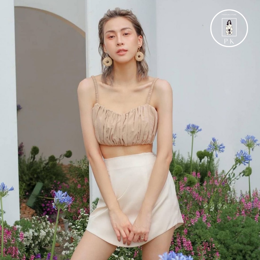 Áo 2 Dây Cúp Ngực Xếp Ly Dây Vai Nhún màu Trắng & Nude ❤️ Áo 2 Dây nữ , Áo Cúp ngực nữ, Áo Croptop nữ hàn quốc dạo phố