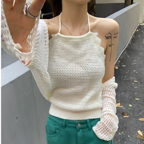 Áo ZHELIHANGFEI dệt kim không tay eo cao hở lưng quyến rũ cho nữ