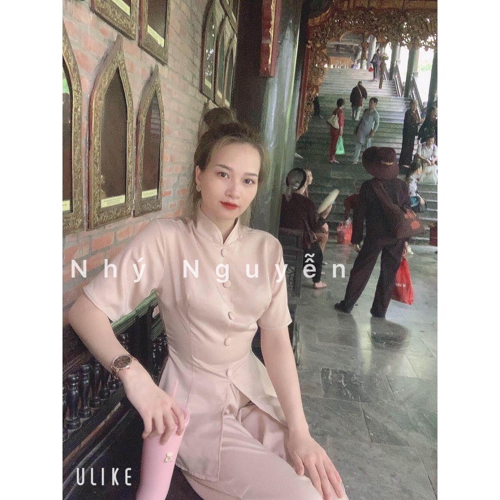 Đồ Lam Đi Chùa Mẫu Nút Bọc Có Dây Cột Eo MÀU NUDE