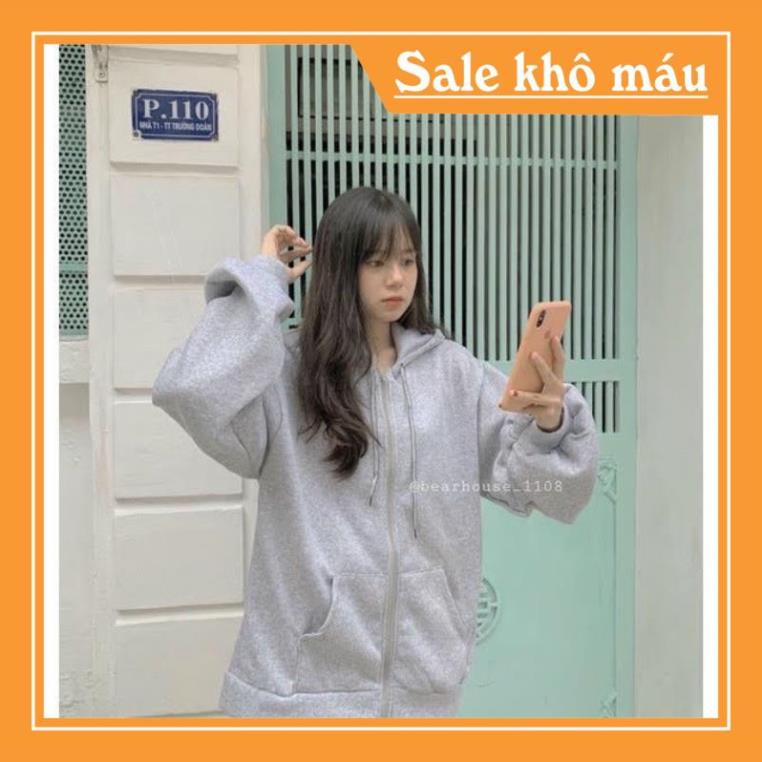 Áo khoác hoodie nỉ form rộng cho nữ áo hoodie zip trơn 1 màu xám sành điệu