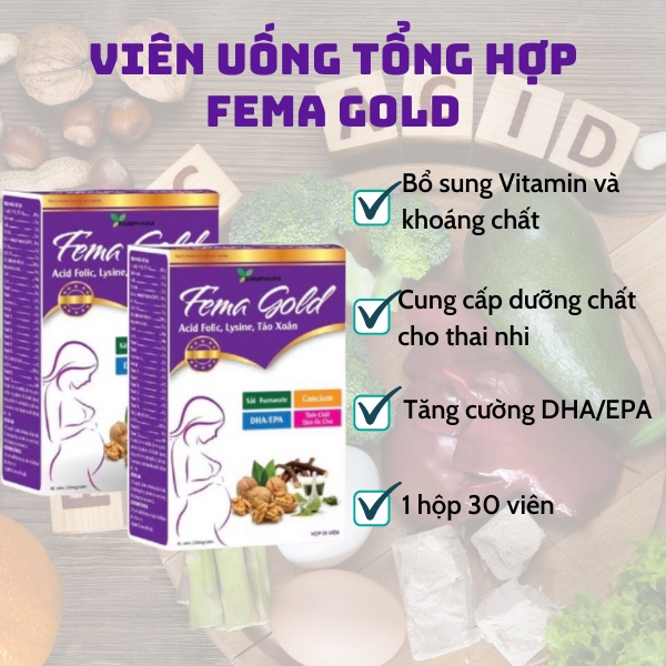 Vitamin tổng hợp cho bà bầu Femagold DANIPHARM (lọ 30 viên), bổ sung sắt, canxi, chất xơ các vitamin, khoáng chất