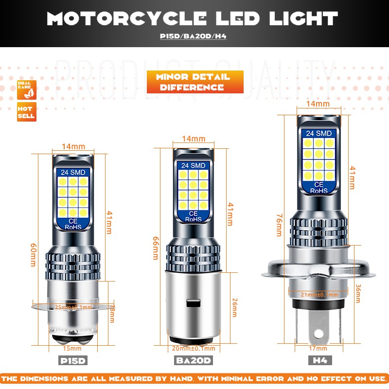 1 Đèn Pha Trắng Kevanly H4 P15D Ba20D 24smd Dc12V Cho Xe Máy