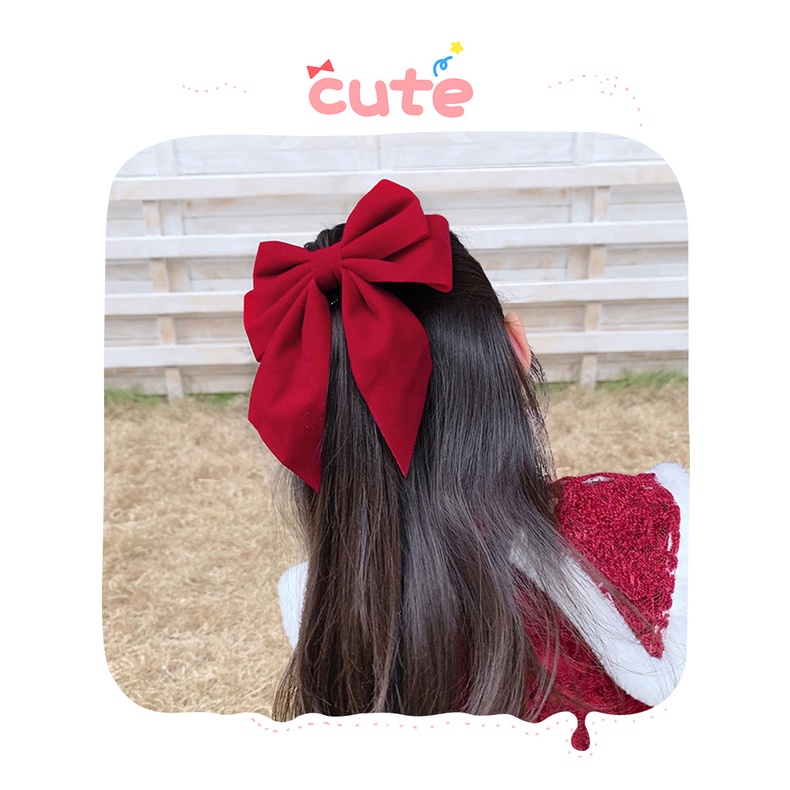 Kẹp tóc đính nơ vải nhung màu đỏ phong cách Trung Hoa thời trang cho nữ