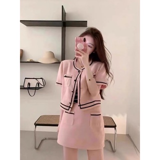 Set nhung gân áo hồng viền đen + chân váy hồng lót quần angi home