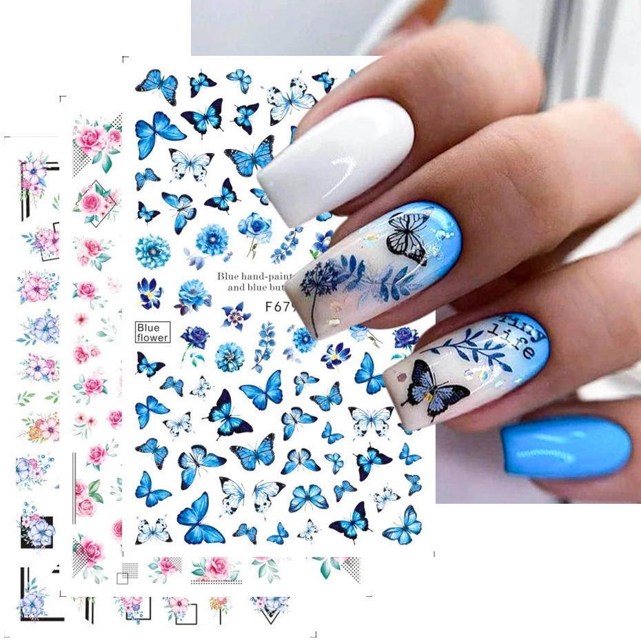 [Hàng mới về] Nhãn dán móng tay hình hoa hồng bướm 3D nhiều màu sắc xinh xắn