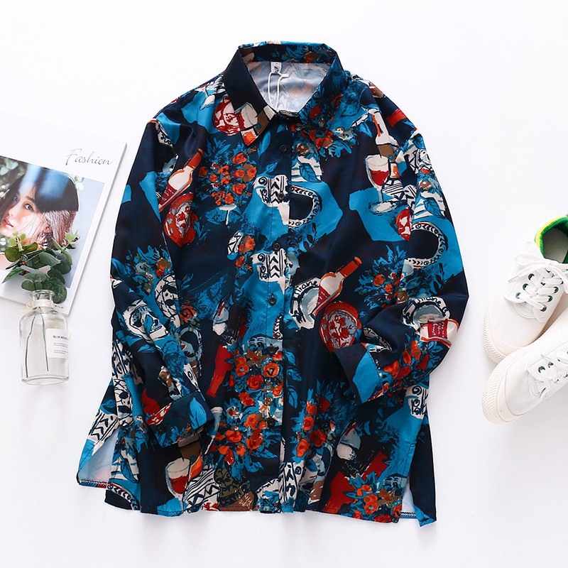 [Baywellfashion]Áo sơ mi nữ tay dài họa tiết vintage thời trang | BigBuy360 - bigbuy360.vn