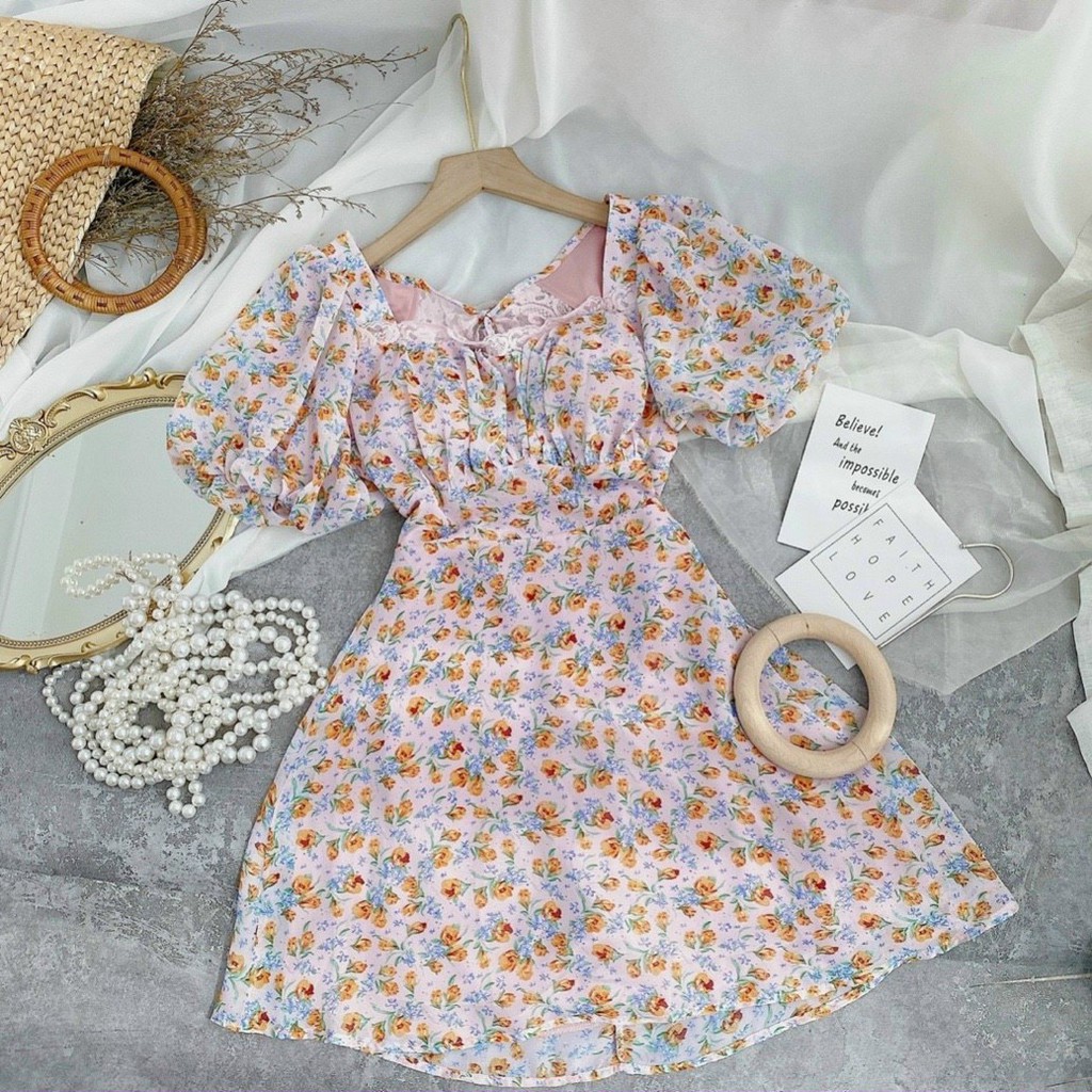 Đầm Hoa NHS0 Cut Out Lưng Viền Ren Freesize Dùng Đi Biển Đi Dạo Hẹn Hò