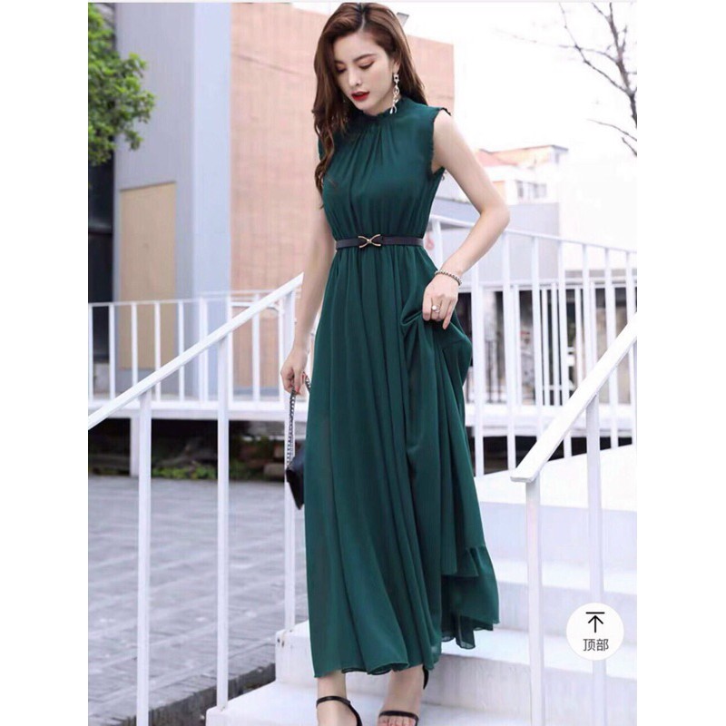 [Ảnh thật cuối] Đầm maxi cổ trụ nhún chun eo kèm nịt M/L/XL vaydamshop | BigBuy360 - bigbuy360.vn