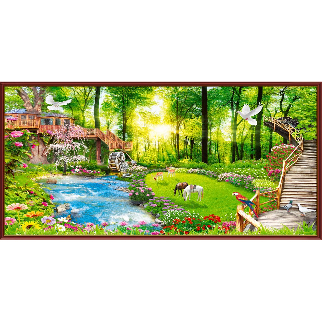 Tranh dán tường 3D phong cảnh rừng cây- tranh 3D dán tường - vải lụa kim tuyến - kích thước theo yêu