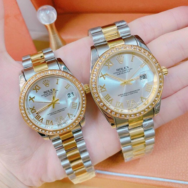 Đồng hồ Rolex nam nữ cao cấp dây đúc hợp kim NGUYÊN KHỐI không gỉ, không phai màu, mặt đính hạt - Bảo hành 12 tháng