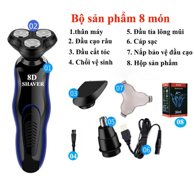Máy cạo râu 8D SHAVER  3 trong 1 bao gồm 8 món với chức năng cạo râu cắt tóc tỉa lông mũi - máy mạnh cạo nhanh và sạch