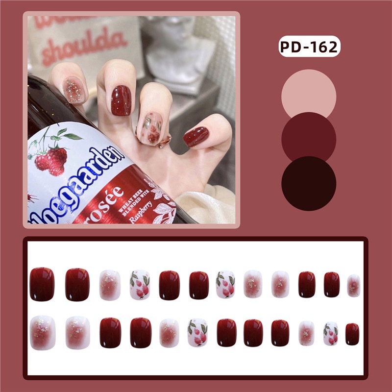 Set 24 móng tay giả sơn trơn có họa tiết vuông ngắn Jojo PD162 Jojo móng giả đẹp thời trang có keo dán