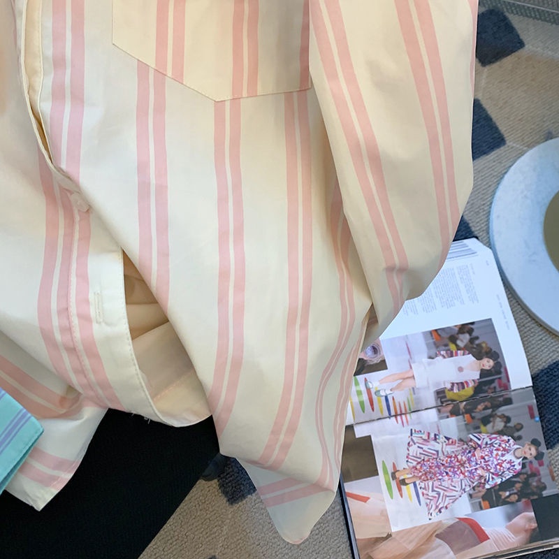 Áo Sơ Mi Dài Tay Họa Tiết Kẻ Sọc Màu Tương Phản Thời Trang Mùa Thu Cho Nữ