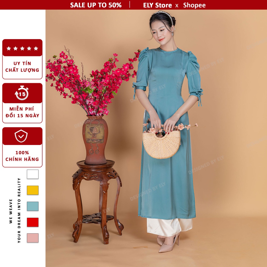 Áo dài cách tân nữ tay nơ cách điệu ELY vải lụa cao cấp đổi trả 15 ngày ELL06