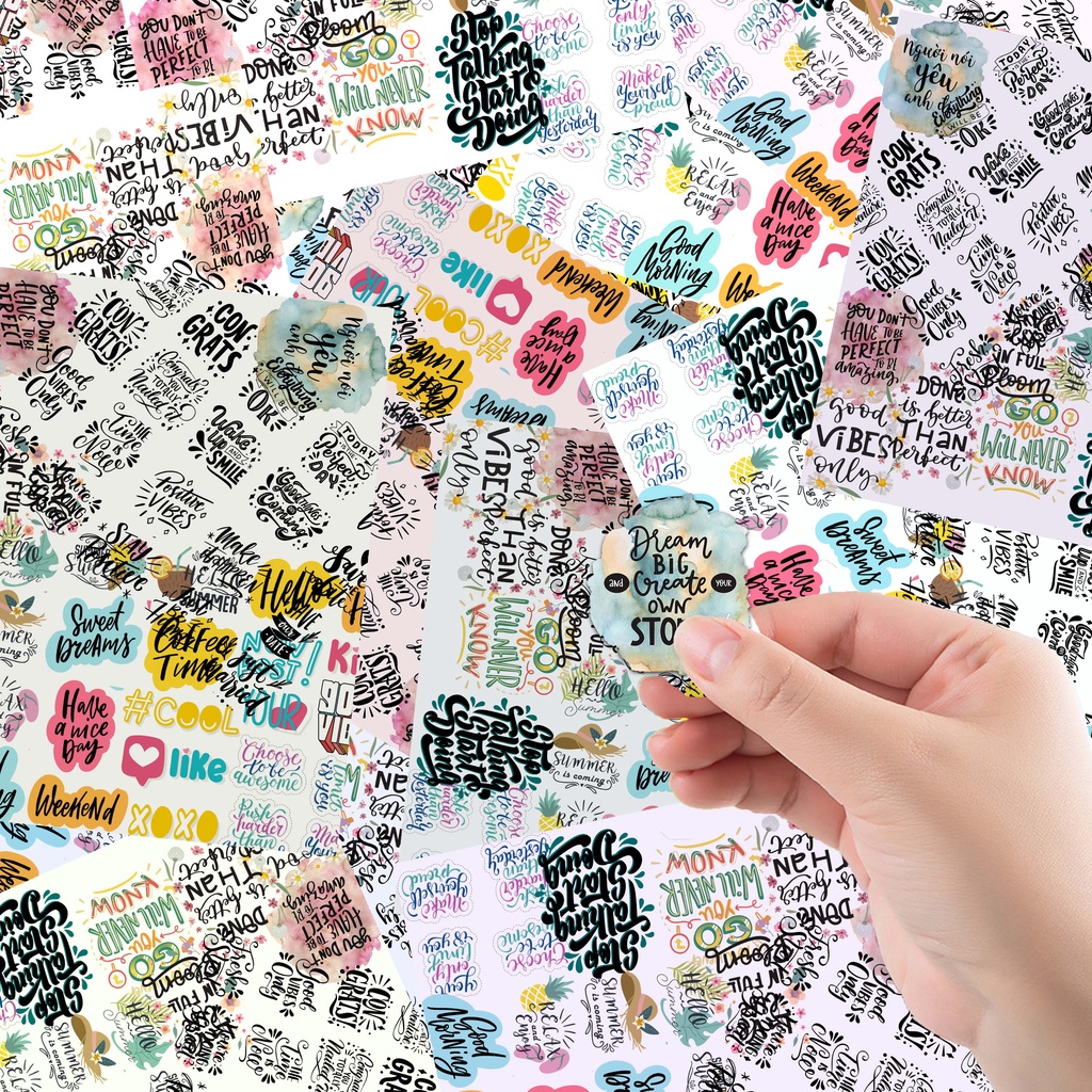 Set 20 hình dán sticker chữ viết tay calligraphy handwriting dễ thương trang trí sổ tay, toploader, máy tính