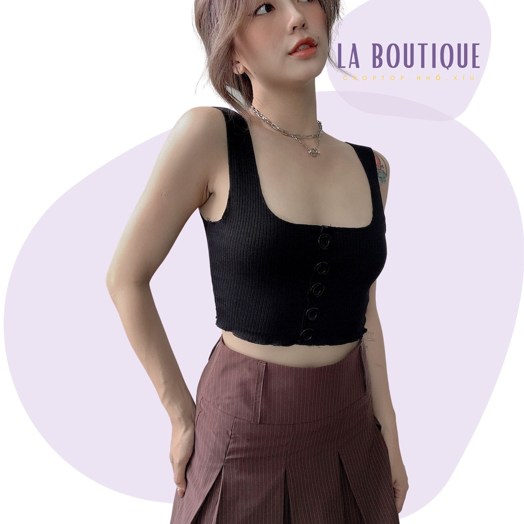 Áo croptop nữ 2 dây bản to La Boutique đính nút cổ vuông màu đen freesize thun gân dáng ôm body