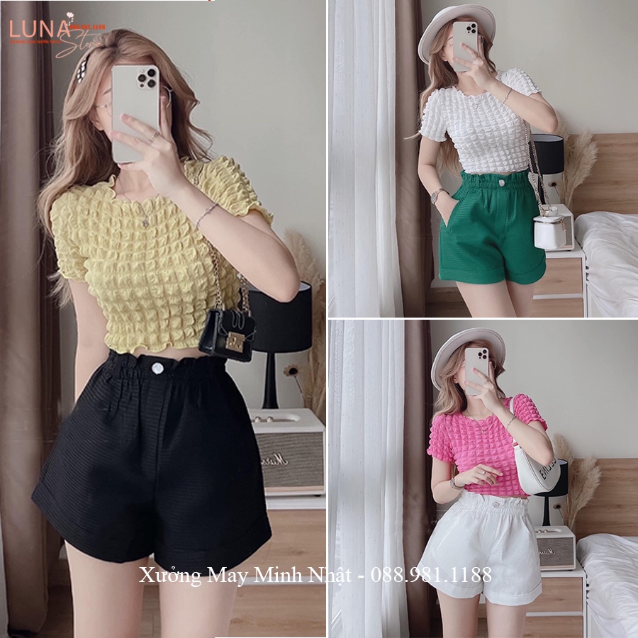 Quần đùi nữ mặc nhà lưng cao cạp chun thun co giãn dáng quần ngủ nữ vải xốp ong gập gấu đi biển chơi hẹn hò thể thao đẹp