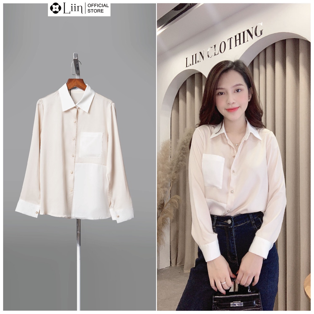 LIIN - Áo sơ mi nữ màu be phối trắng thanh lịch LINBI SM3950