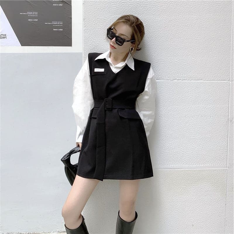 Set Áo Sơ Mi + Đầm Suông Kèm Belt (ÁO TRẮNG + ĐẦM ĐEN)