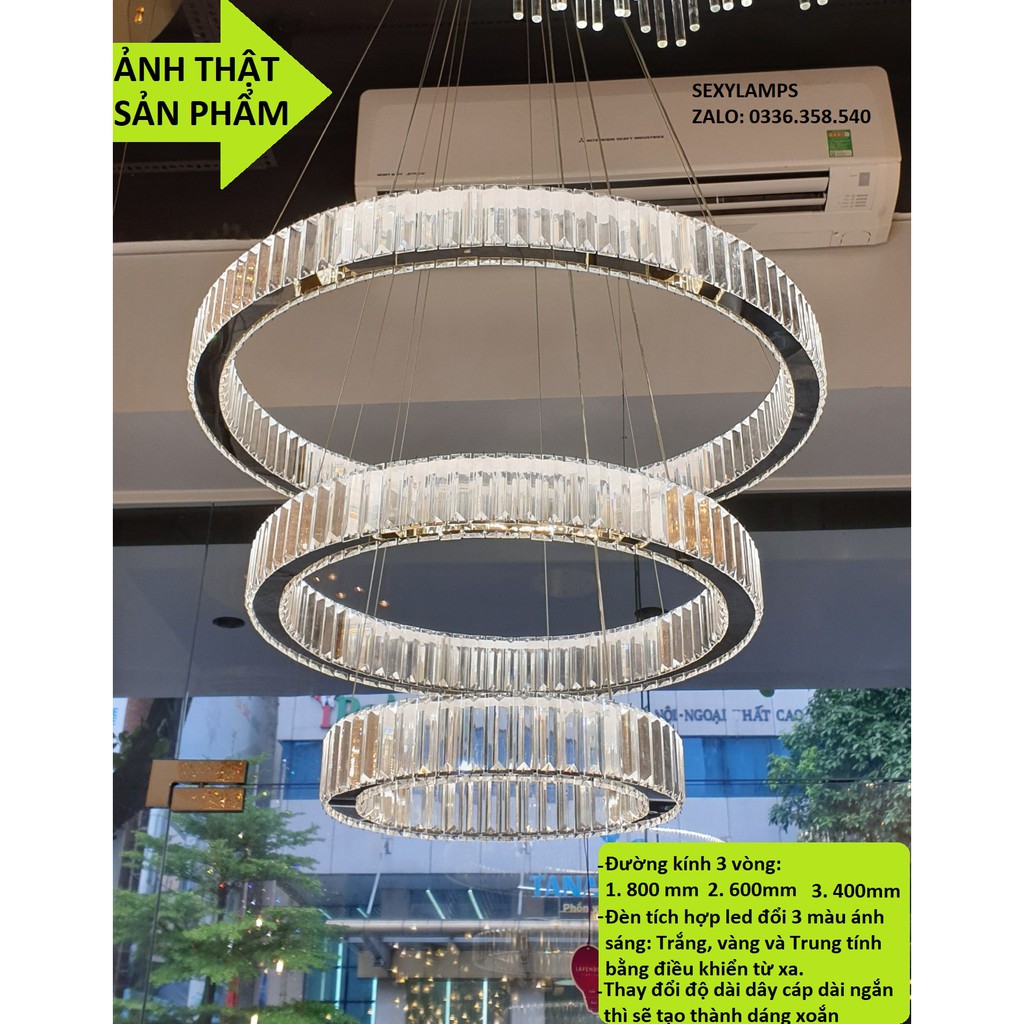 Đèn thả pha lê, đèn thả phòng khách, đèn thả bàn ăn, đèn thả 3 vòng, đèn led