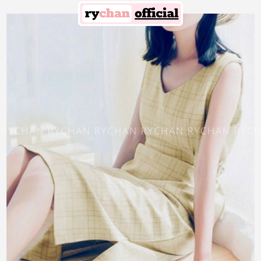 Đầm Nữ Đi Biển Sọc Kẻ Cổ V Không Tay Cực Tươi Mát, Đầm Nữ XInh Cực Retro Vintage Màu Vàng [ẢNH THẬT CUỐI] - DX9805