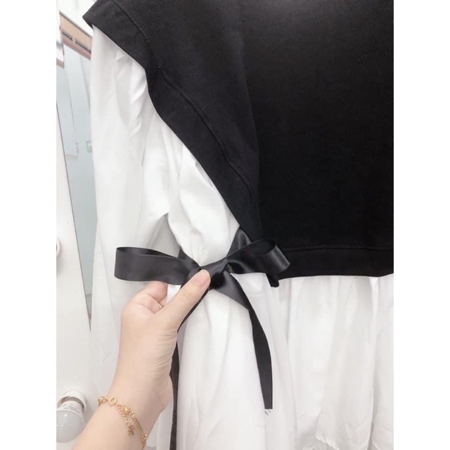 Áo babbydoll pha đen trắng buộc eo