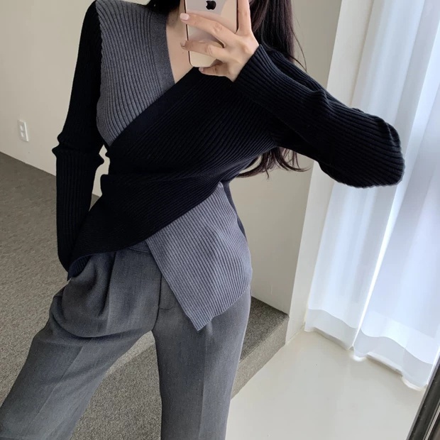 SUXI Áo kiểu dệt kim tay dài cổ chữ V bắt chéo màu sắc tương phản phong cách Hàn Quốc thời trang dành cho nữ