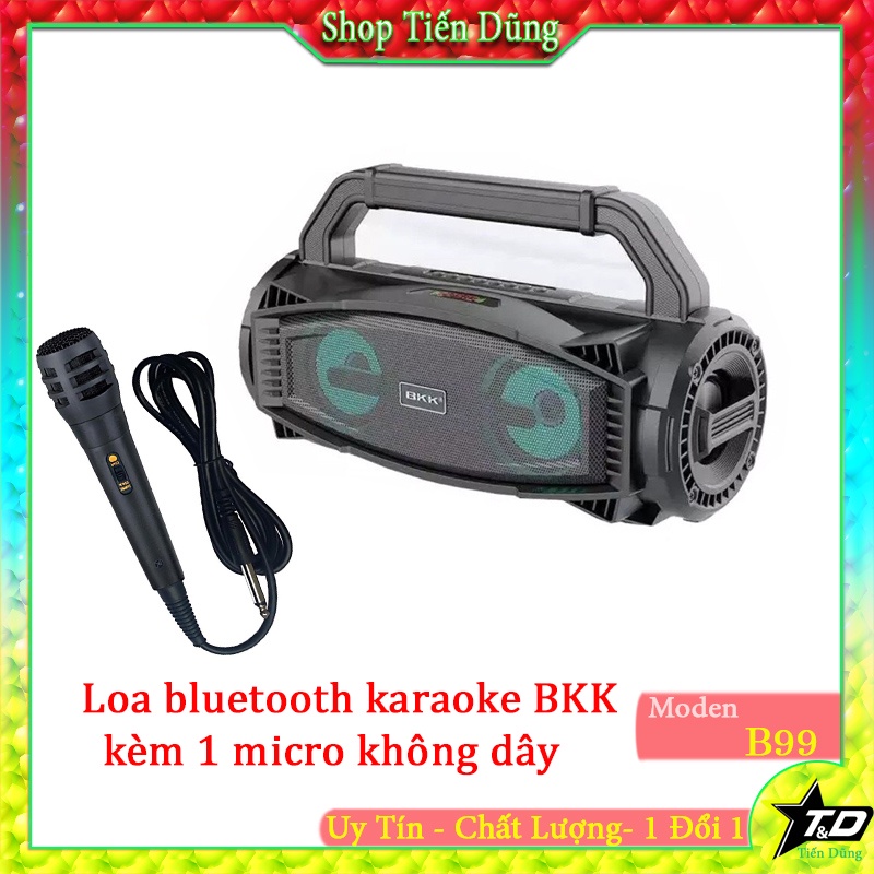 Loa Bluetooth Karaoke BKK B99 mini chạy 1 micro có dây - BKK-B99 hỗ trợ USB, thẻ nhớ TF, 1 cổng mic 6.5 màn hình led.