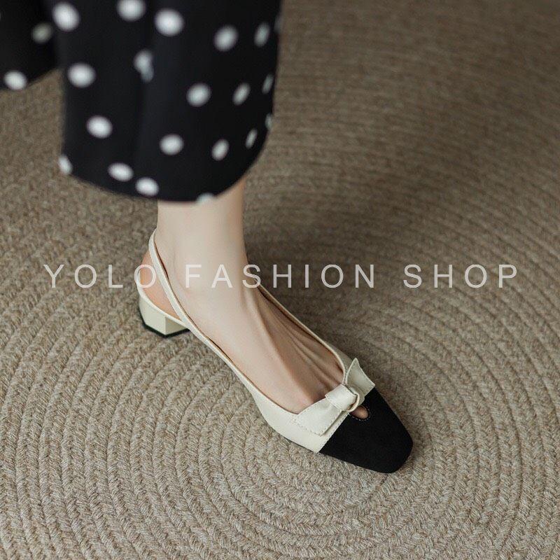Giày búp bê nữ đế 3p hở gót mũi vuông đính nơ xinh xắn da mềm êm chân - B35