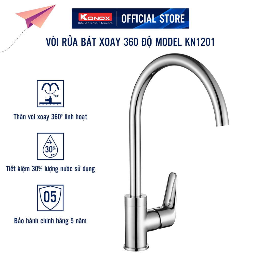Vòi rửa bát xoay 360 độ KONOX KN1201 hợp kim đồng 61% tiêu chuẩn Châu Âu CW617N, bề mặt xử lý công n