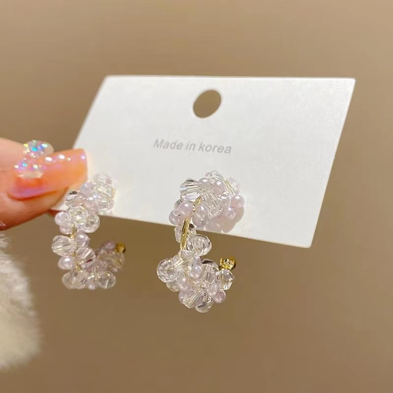 Bông Tai Mạ Bạc 925 Hình Chữ C Đính Pha Lê Sang Trọng Phong Cách Hàn Quốc