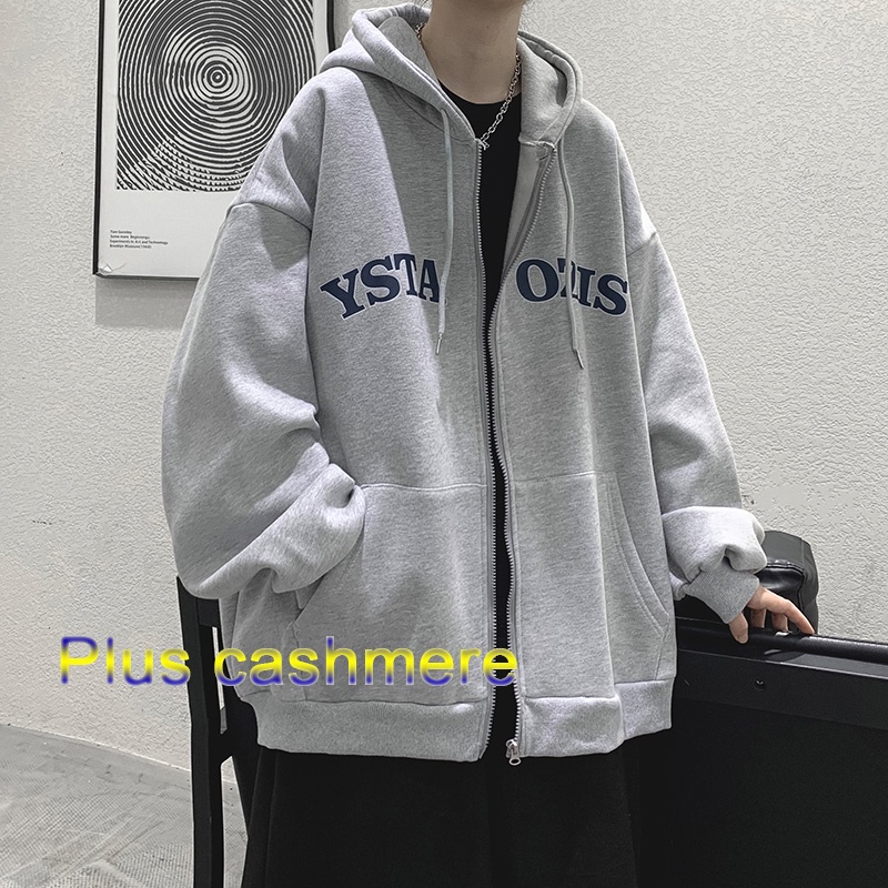 Áo khoác cardigan thể thao dây khóa kéo có mũ trùm phối nhung thời trang xuân thu phong cách cổ điển kiểu Mỹ cho nam