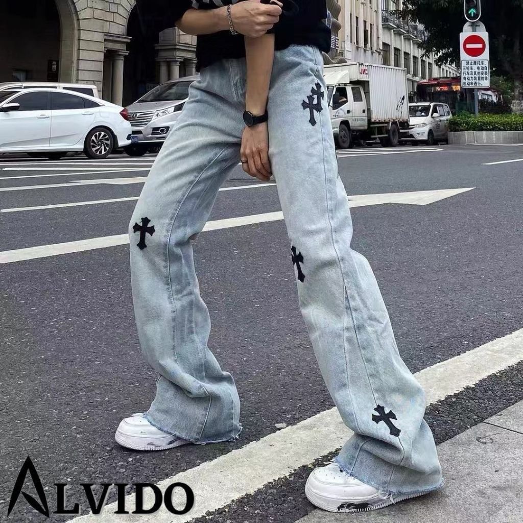 Quần jean nam Unisex quần thêu chữ Thập ALVIDO kiểu ống rộng dáng suông chất bò