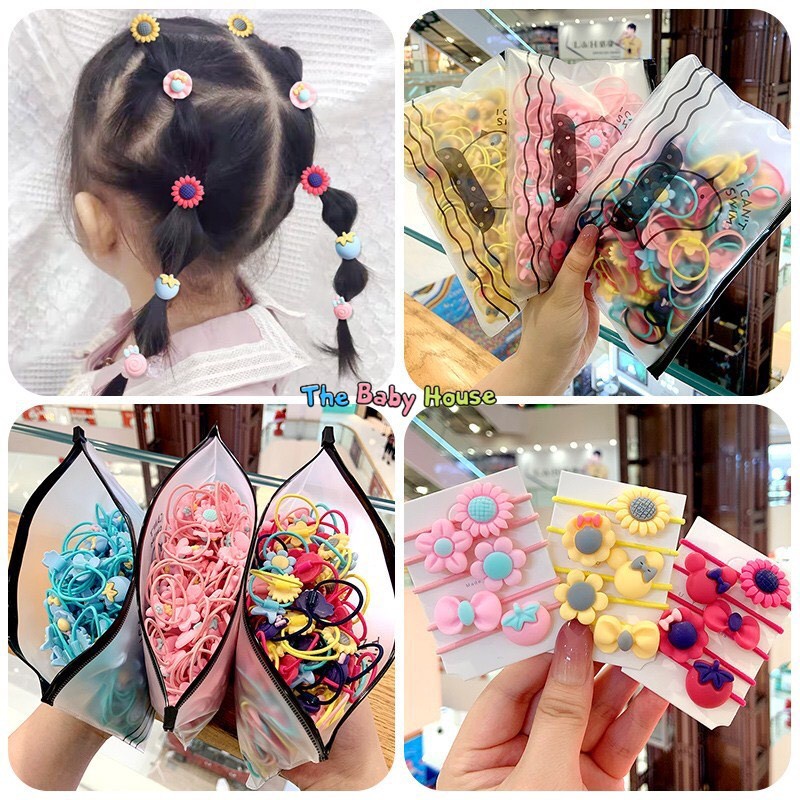 Dây Buộc Tóc  𝐅𝐑𝐄𝐄𝐒𝐇𝐈𝐏 Set Dây Buộc Tóc Nhiều Kiểu Khác Nhau Dễ Thương Cho Bé Tặng Kèm Túi Zip