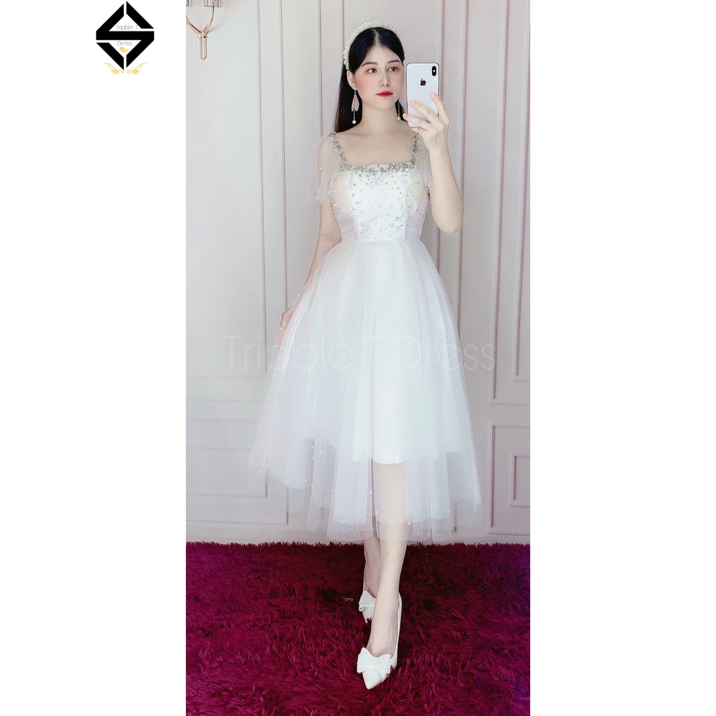 Đầm xoè dự tiệc xếp tầng tay dài TRIPBLE TDRESS - Free size dưới 54kg