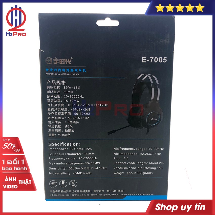Tai Nghe Gaming Giả Lập 7.1 Usb E-7005, Tai Nghe Gaming Có Dây Chụp Tai Cao Cấp Có Micro, Dây Dài 1.5M- H2Pro Tech