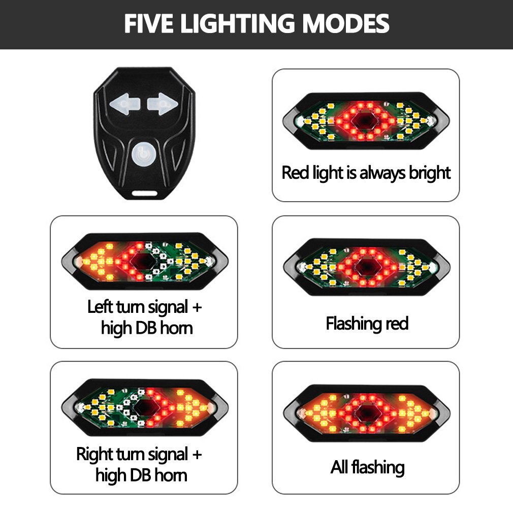 5 chế độ Xe đạp thông minh Đèn đuôi xe đạp với tín hiệu bật Tín hiệu Sừng điện Điều khiển từ xa USB Có thể sạc lại Đèn hậu an toàn