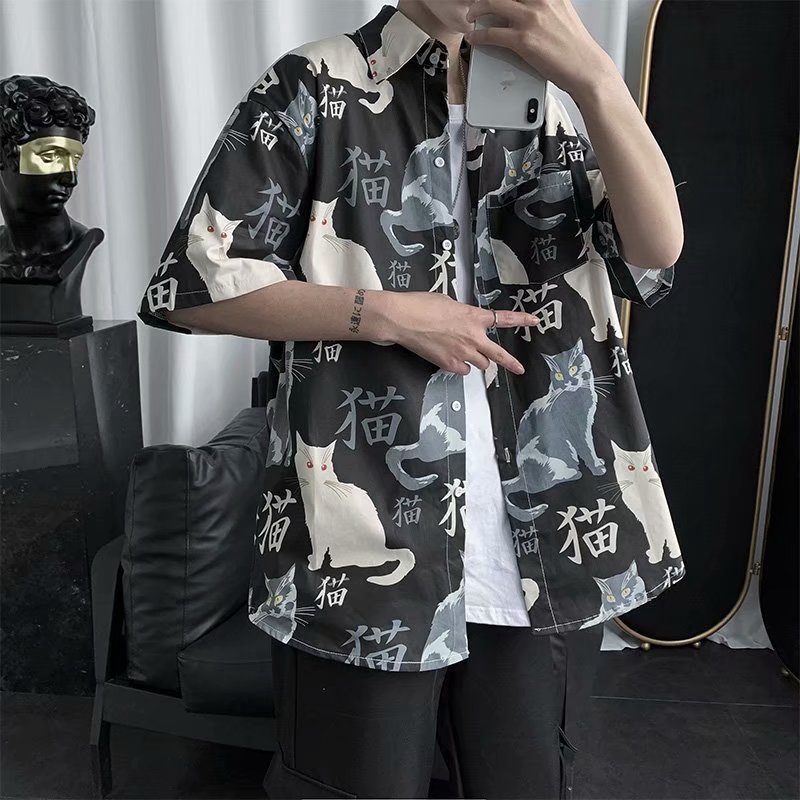 Real shot spot summer urban trend all-match loose casual fashion personality printing design casual short-sleeved shirt