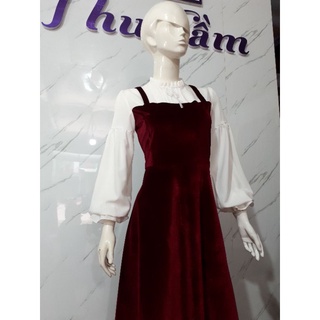 Đầm nhung phối trắng