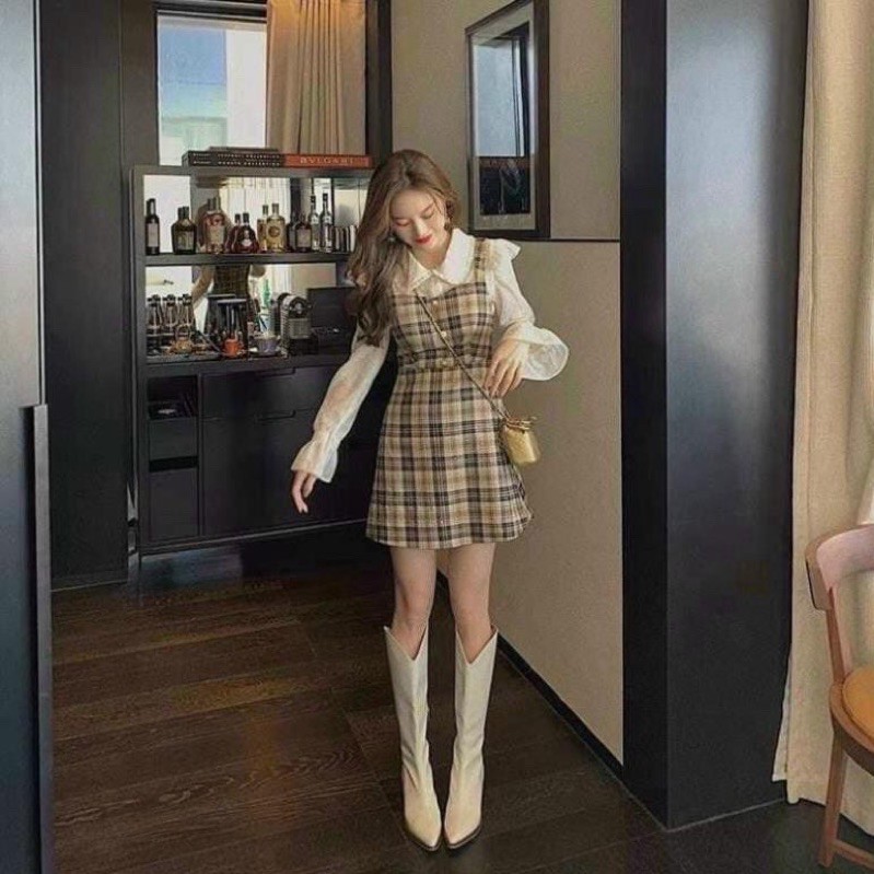 Sét yếm caro sơmi tay loe cực xinh 🥰🥰