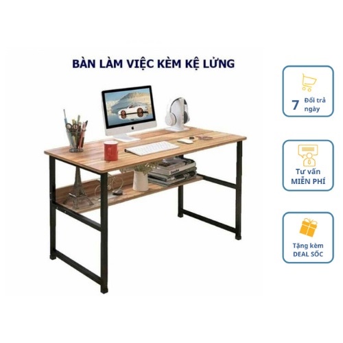 Bàn làm việc kệ lửng , mặt bàn GỖ CAO SU, chân SẮT 25x50