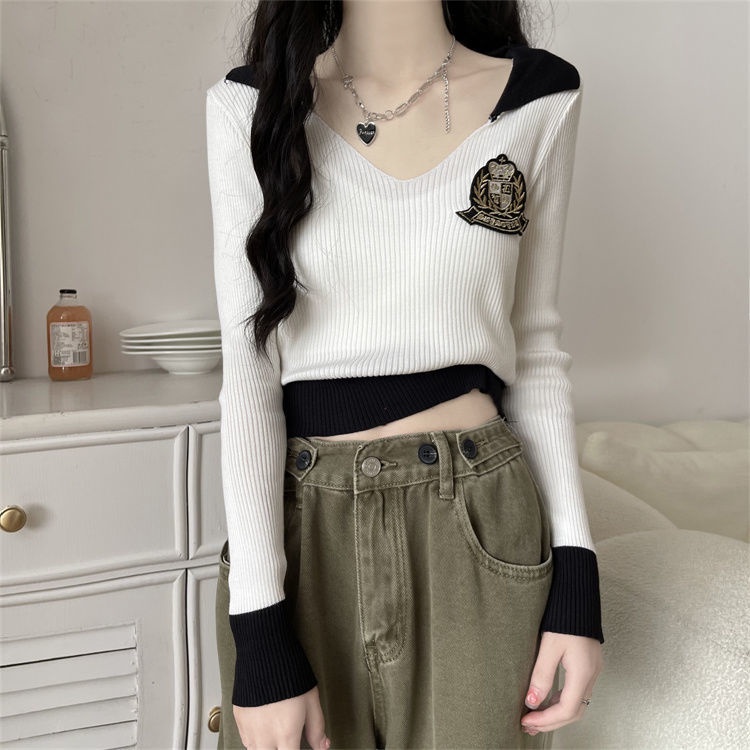 Áo polo Dệt Kim Tay Dài Dáng Ôm Lưng Cao Thời Trang Mùa Thu Cho Nữ