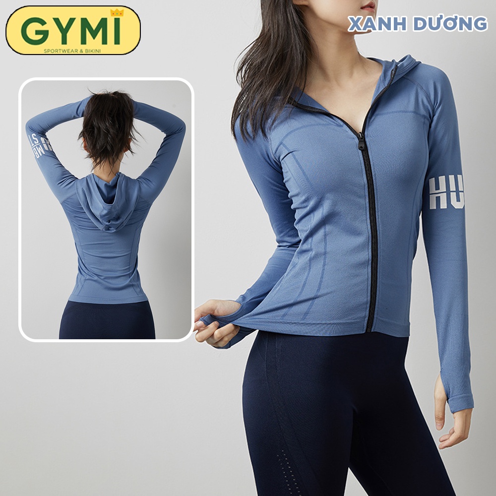 Áo khoác tập gym yoga nữ có mũ GYMI AK05 dáng dài chất dệt kim cao cấp dày dặn chống nắng thoáng khí