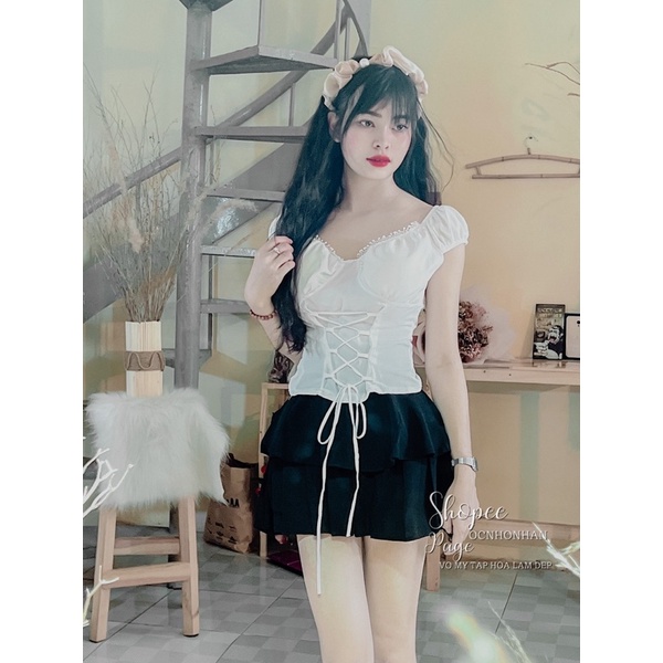 Set áo đan dây phối chân váy tầng