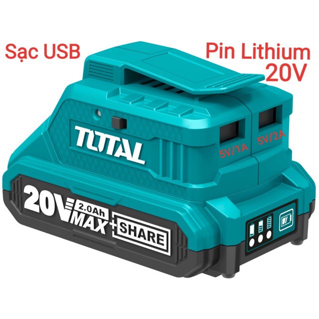Ngàm sạc cổng - Đế chuyển sạc có cổng USB 20V Total TUCLI2001 Sạc Lithium USB