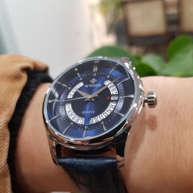 Đồng hồ nam Wwoor dây da thời trang có lịch chính hãng Tony watch 68 chống nước tuyệt đối